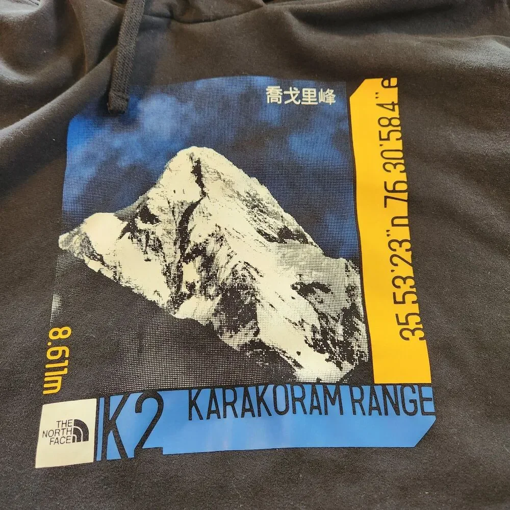 The North Face Mens Size XXL Black Hoodie K2 Karakoram Range Mountain Sweatshirt